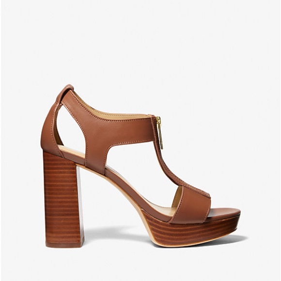 MICHAEL KORS Berkley Tan Leather Block Heel Sandals Platform Heels Shoes - Picture 2 of 15